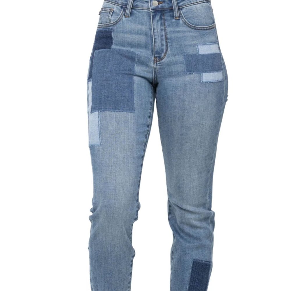 Judy Blue Double Cuffed Patch High Waist Boyfriend Jeans